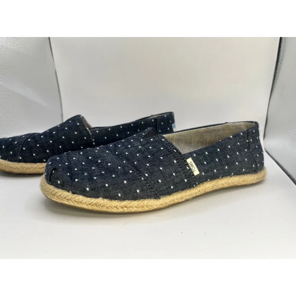 TOMS Women Size‎ 5.5 Black White Polka Dot Espadrille Flats Shoes Canvas Slip On